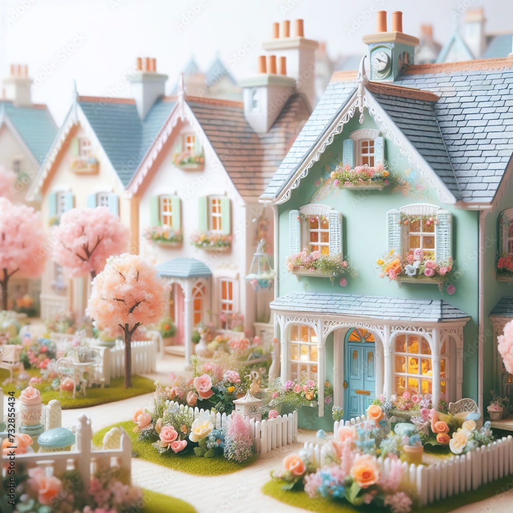 Close-up of a quaint Easter village scene with pastel-colored cottages and blooming gardens Charming and nostalgic Perfect for creating a whimsical Easter atmosphere Close-up of a quaint Easter village scene with pastel-colored cottages and blooming gardens Charming and nostalgic Perfect for creating a whimsical Easter atmosphere