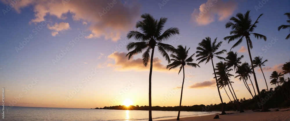Vibrant sunset on a tropical beach with silhouette of palm trees and people