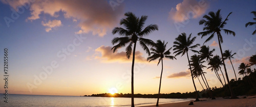 Tropical Beach Sunset with Palm Trees and Silhouetted Figures