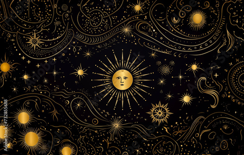 Beautiful seamless vector pattern featuring the stars, moons, constellations, and sun. Gold ornamentation. Design for tarot, astrology, esoteric, mystic, and magic Luxurious, exquisite style