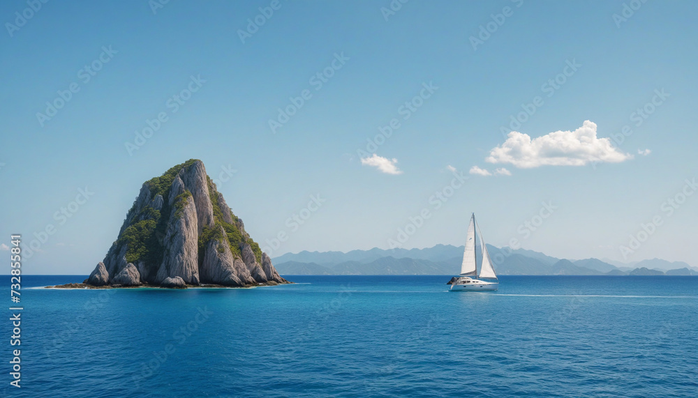 Fototapeta premium Ocean Sailboat with Rocky Island Background