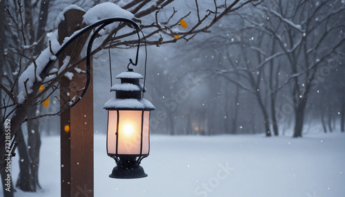 Radiant Lantern Suspended on Shepherd s Crook in Winter Night