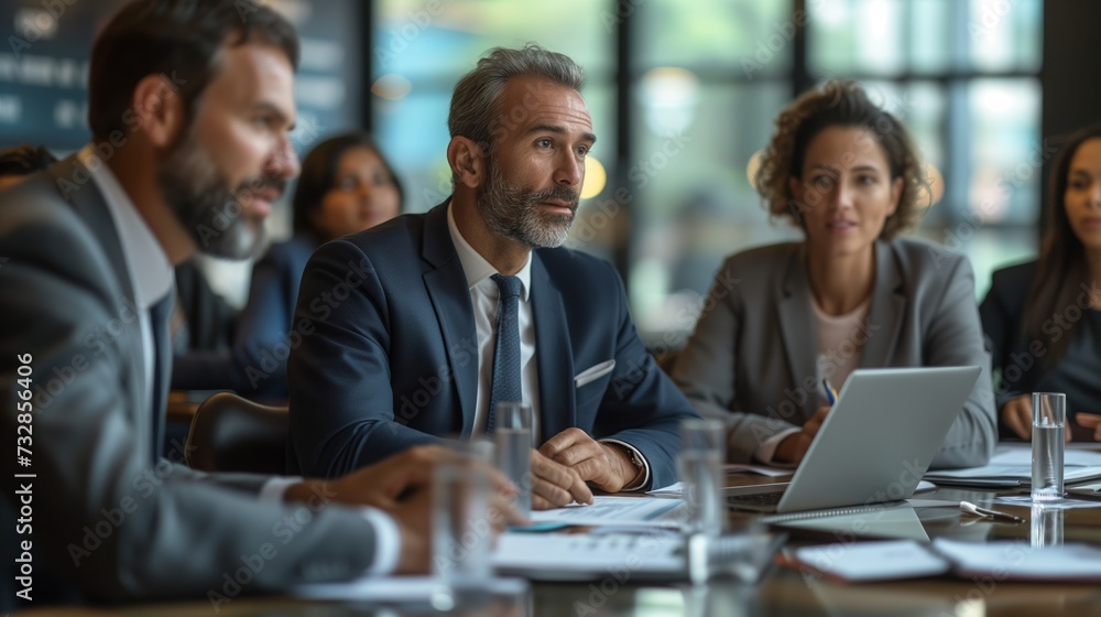 Fototapeta premium A diverse group of professionals engaged in a meeting. Executives in formal attire discussing charts and graphs, with laptops and notepads on a conference table.