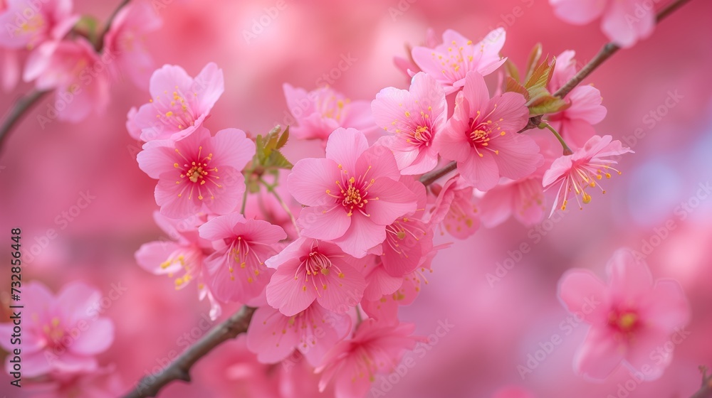 Close-up of cherry blossoms against a backdrop of a vibrant pink canopy, celebrating spring.