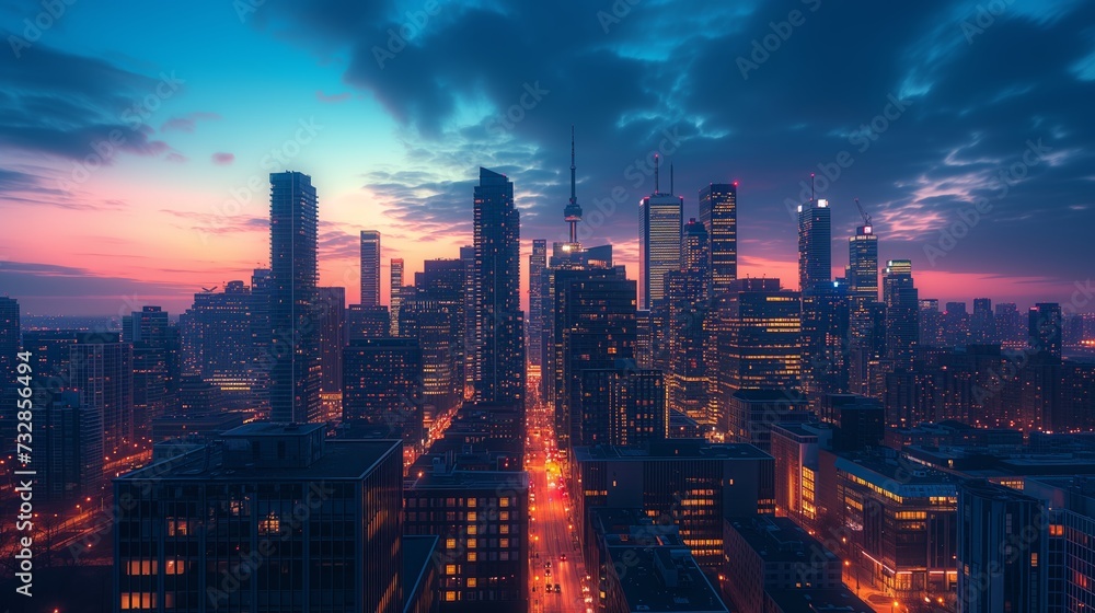 Cityscape at dusk with dramatic lighting, capturing the vibrant colors of city lights and architecture.