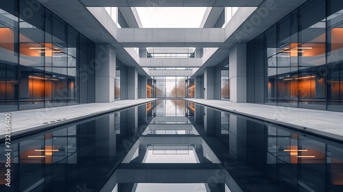 Modern building reflected in the still waters, creating a symmetrical and visually striking composition.