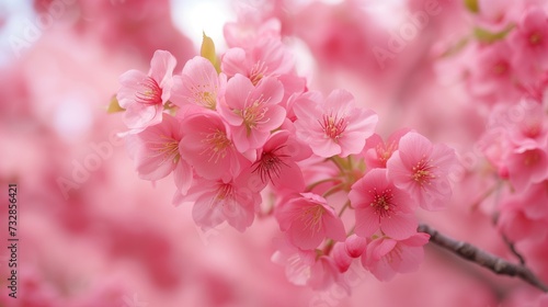 Close-up of cherry blossoms against a backdrop of a vibrant pink canopy, celebrating spring. © STKS