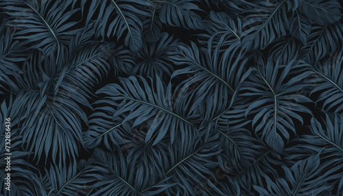 Dark blue tropical leaf textures for backgrounddark nature concept, flat lay, copy space