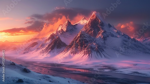 Volcanic mountain range at sunset, the fading light casting warm hues over snow-capped peaks and ancient lava flows 