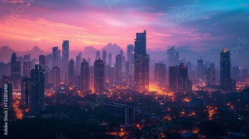 Cityscape at dusk with dramatic lighting  capturing the vibrant colors of city lights and architecture.