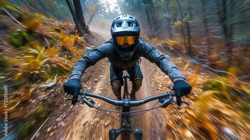 Mountain biker navigating a challenging trail, with dirt and rocks flying, capturing the thrill of the ride.