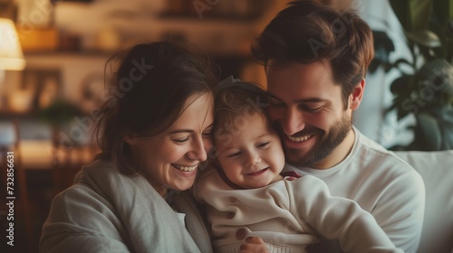 A family in casual clothing, laughing and enjoying time together in a cozy living room. Soft, natural light streaming through windows, capturing the warmth of the family bond. photo