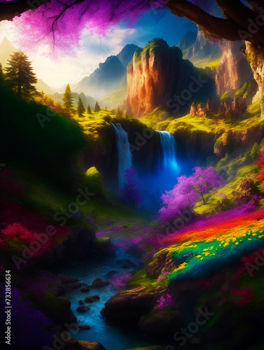Fantasy Landscape Wallpaper and Background with Mountains, Waterfalls, Trees, Flowers. Fantastic Pattern Design for Cell Phone, Smartphone, Computer, Tablet and Wall Art for Home Decor © YOAQ