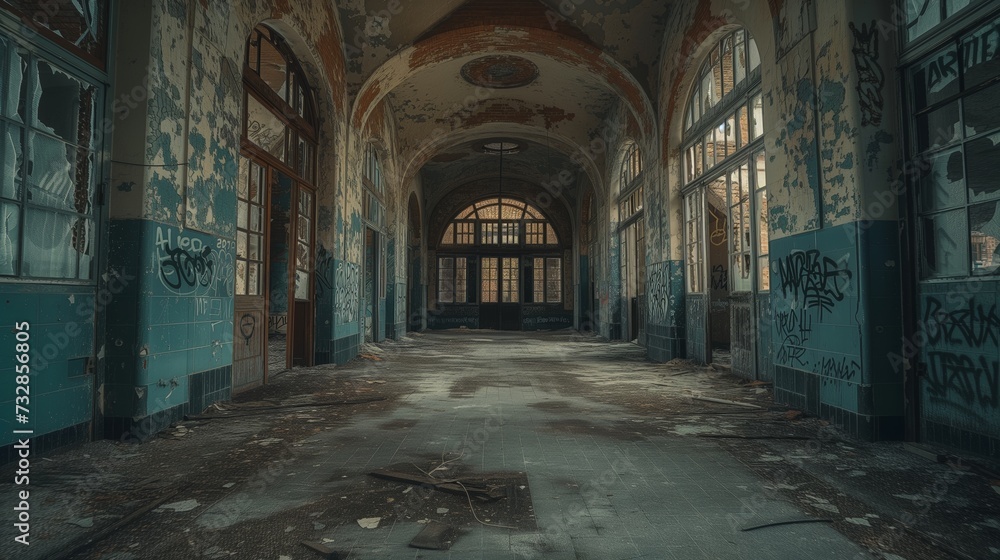 Obraz premium Interior shot of an abandoned building with dramatic lighting, capturing the eerie and haunting atmosphere.