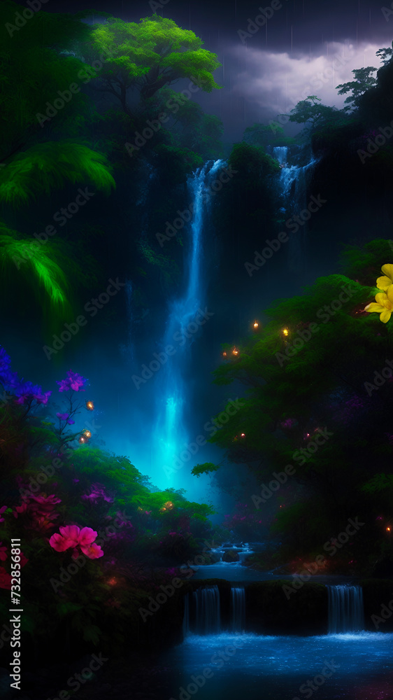 Fantasy Landscape Wallpaper and Background with Mountains, Waterfalls, Trees, Flowers. Artistic Pattern Design for Cell Phone, Smartphone, Computer, Tablet, Cellphone and Wall Art for Home Decor