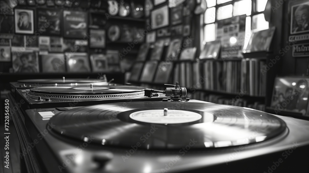 Close-up of vinyl records, turntables, and vintage music memorabilia in a retro record store, black and white. - obrazy, fototapety, plakaty 