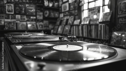 Close-up of vinyl records, turntables, and vintage music memorabilia in a retro record store, black and white. photo