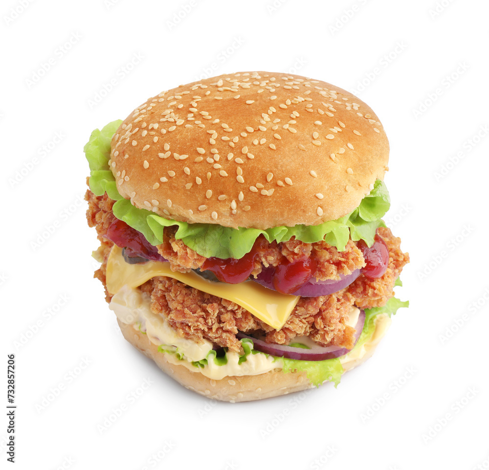 Delicious burger with crispy chicken patty isolated on white Delicious burger with crispy chicken patty isolated on white