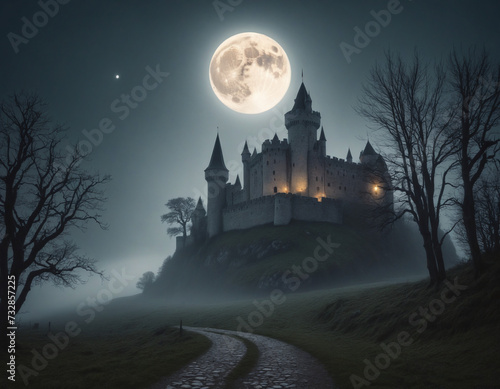 Enigmatic medieval fortress shrouded in mist under the moonlight on All Hallows' Eve