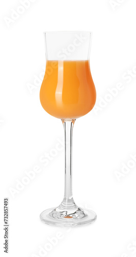 Glass with tasty tangerine liqueur isolated on white