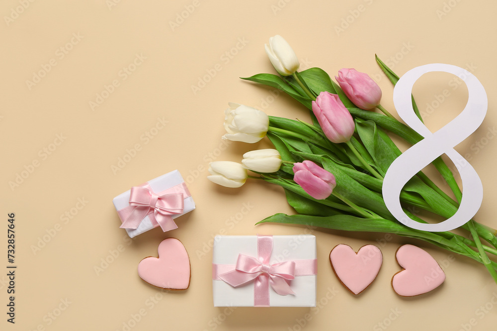 Figure 8 made of paper with tulip flowers, cookies and gift boxes on beige background. International Women's Day celebration Figure 8 made of paper with tulip flowers, cookies and gift boxes on beige background. International Women's Day celebration