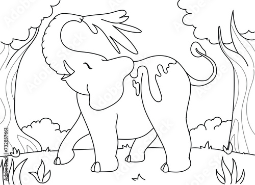 an elephant spraying water from its trunk
air to freshen himself up at the zoo. coloring book illustration for children.