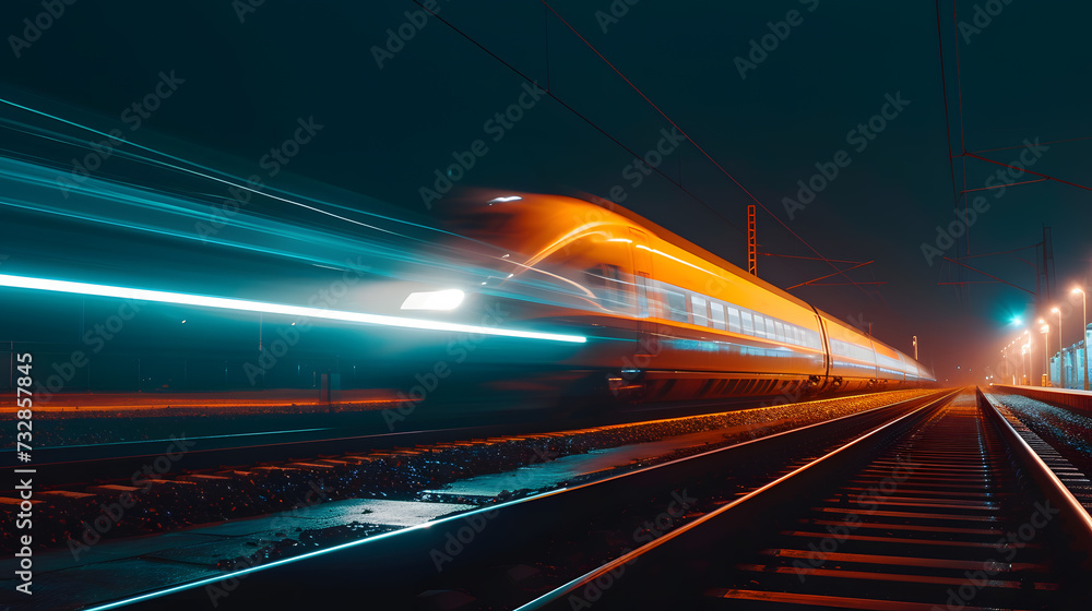 A photo of a high-speed train at night, with the train's lights illuminating the darkness. A photo of a high-speed train at night, with the train's lights illuminating the darkness.