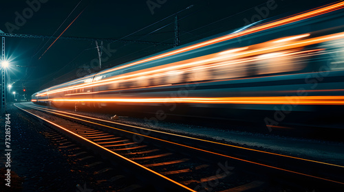A photo of a high-speed train at night, with the train's lights illuminating the darkness.