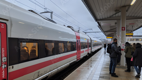 A photo of a high-speed train at a station, with passengers boarding and disembarking.