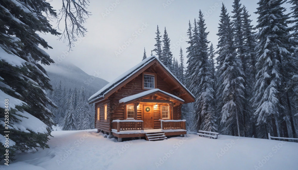 Winter wonderland  serene wooden cabin amidst snow covered fir trees in mountain meadow