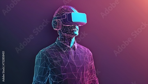 VR headset holographic low poly wireframe vector banner. Polygonal man wearing virtual reality glasses, helmet