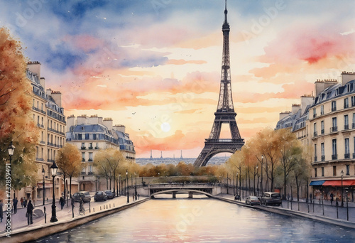 Dreamy Watercolor Depiction of the Eiffel Tower photo