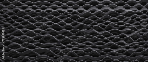 Enchanting abstract pattern with gray anthracite grid and flowing waves on black backdrop for depth and dimension in design