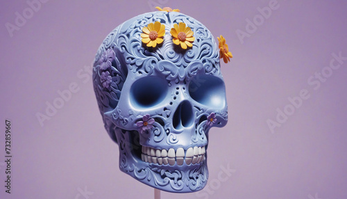 3D sugar skull with blue flowers on a light purple backdrop