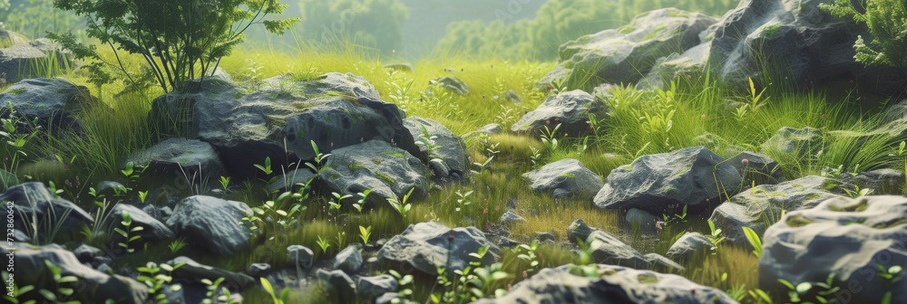 a rocky field with a grassy field, generative AI