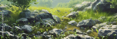 a rocky field with a grassy field  generative AI