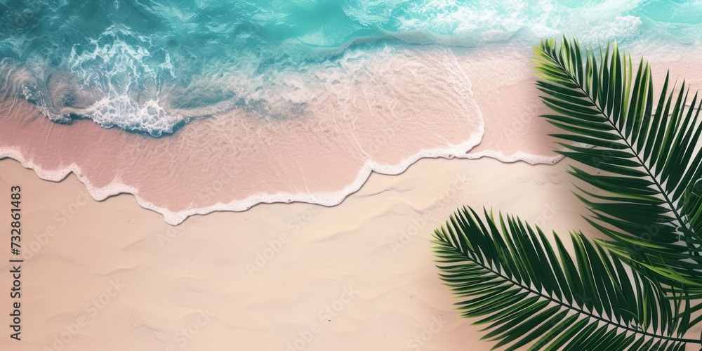 Top view tropical island sand beach with palm trees, Summer holiday vacation concept Top view tropical island sand beach with palm trees, Summer holiday vacation concept