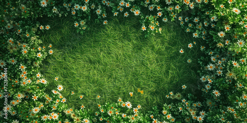 Top view bright green grass field and flower background