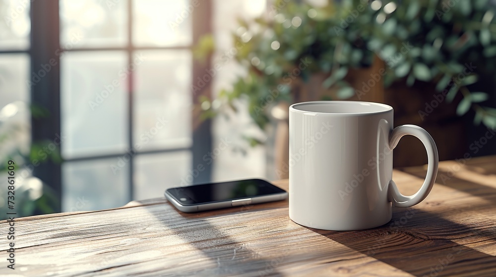 A white coffee mug mock up on a wooden table with a smart phone laying beside it. A white coffee mug mock up on a wooden table with a smart phone laying beside it.