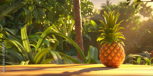 a pineapple on table in the sun with trees behind, generative AI