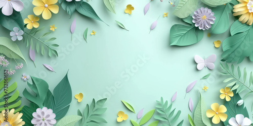 Top view flat lay frame of flowers spring on blue background