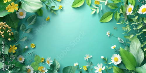 Top view flat lay frame of flowers spring on blue background