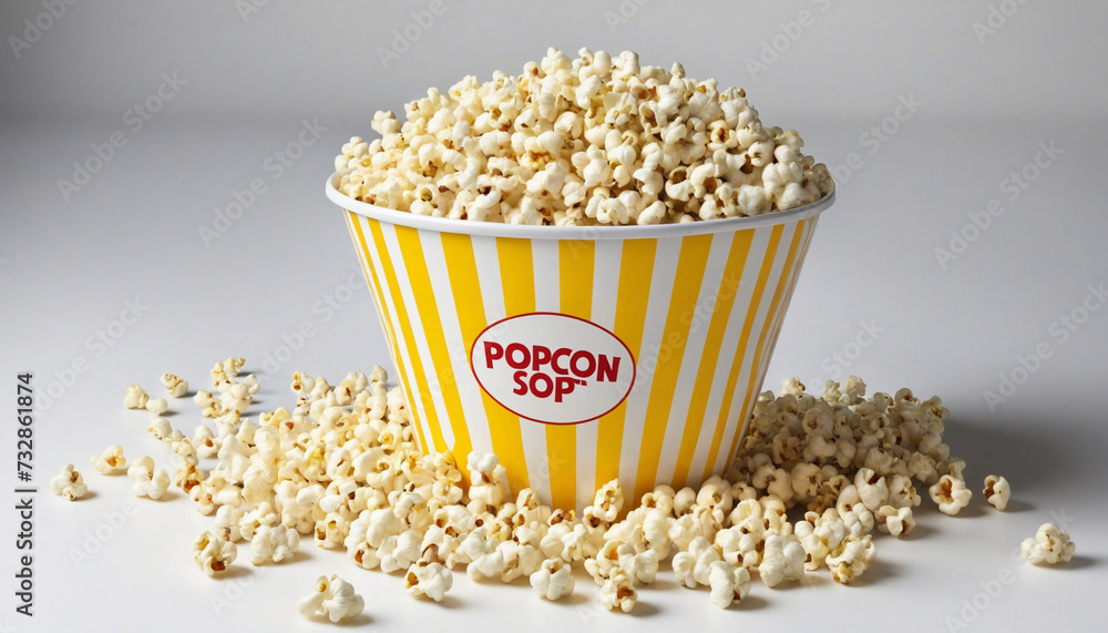 Striped yellow popcorn bucket on white backdrop Striped yellow popcorn bucket on white backdrop