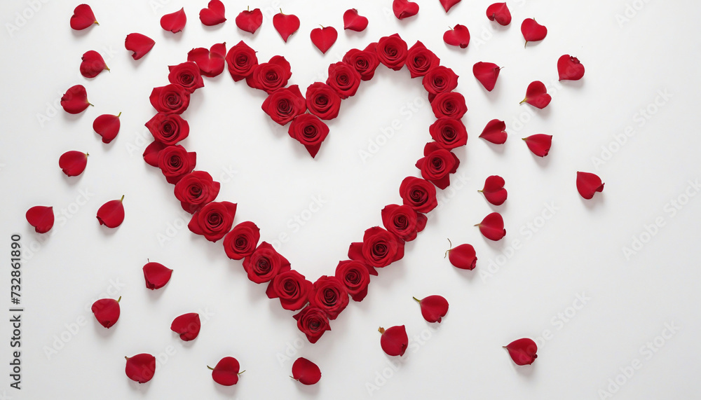 Valentine's Day: Heart Shape Formed by Outlined Red Rose Petals on a White Background, Symbolizing Love and Devotion, Viewed from Above, Creating a Captivating Symbol of Affection