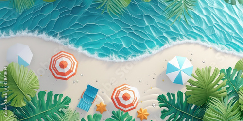 Top view 3D illustration sand beach with palm tree, Summer holiday vacation concept