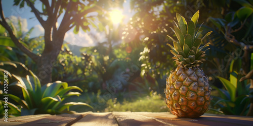 a pineapple on table in the sun with trees behind, generative AI