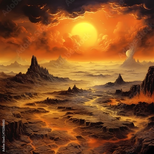 Surreal Alien Landscape with Lava Flows and Majestic Sun