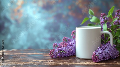 A white coffee mug mock up on a wooden table with a lilac flower.  photo
