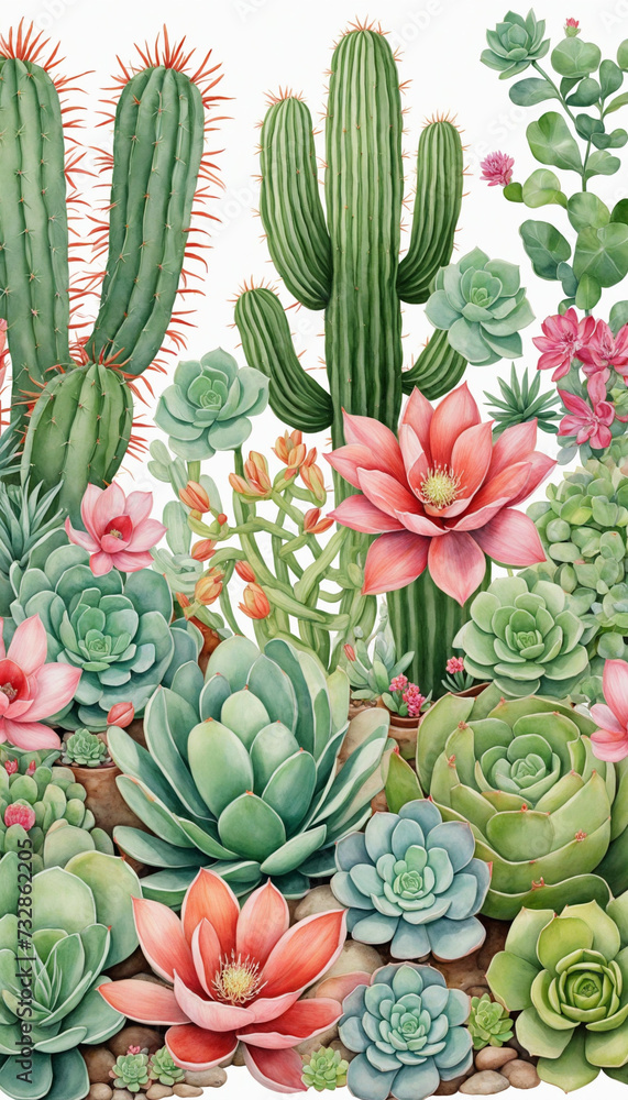 Fototapeta premium Vertical illustration of blooming cacti and succulents against a white backdrop
