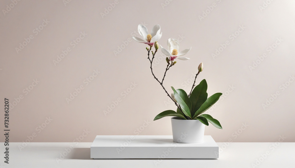 Sleek white podium mockup with floral accents for product display Sleek white podium mockup with floral accents for product display